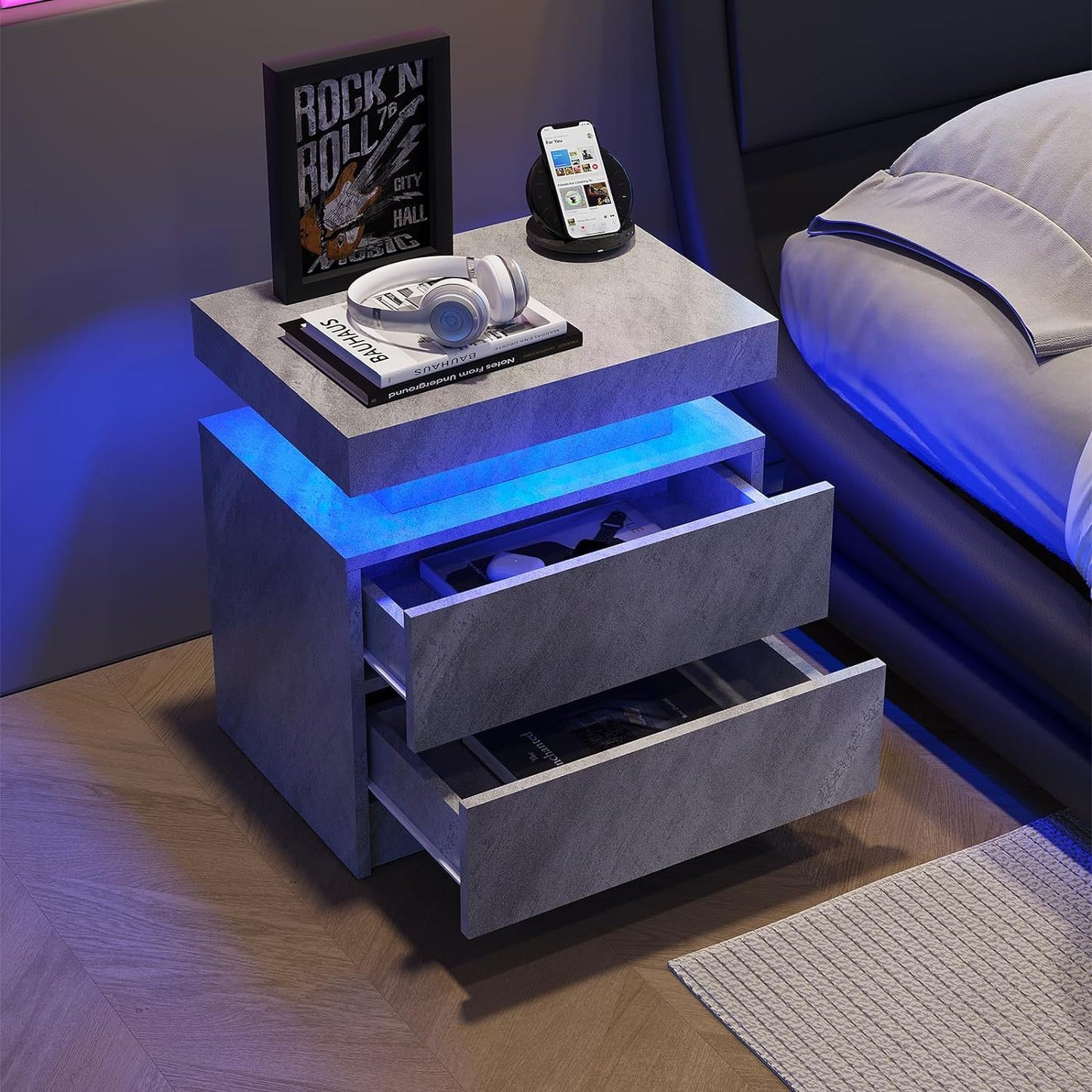 Nightstand LED Bedside Table Cabinet Lights Modern End Side with 2 Drawers for Bedroom (Deep Gray)