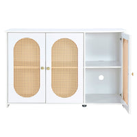 Retro 3-Door Accent Cabinet with Rattan Doors and Metal Handles for Living Room and Hallway Storage White