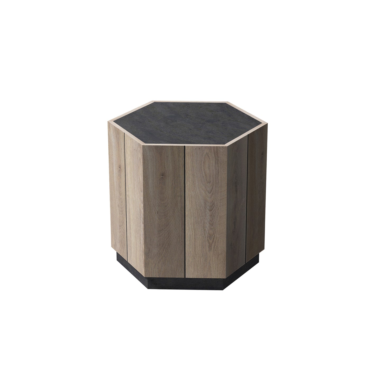 Hexagonal Rustic Corner Table Textured Black Warm Oak Bedside Table for Living Room Bedroom