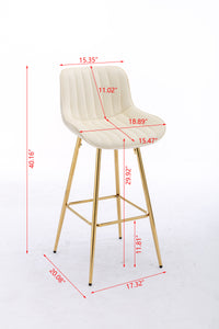 30 Inch Set of 2 Velvet Bar Stools with Chrome Footrest Golden Legs Simple High Counter Stool Cream