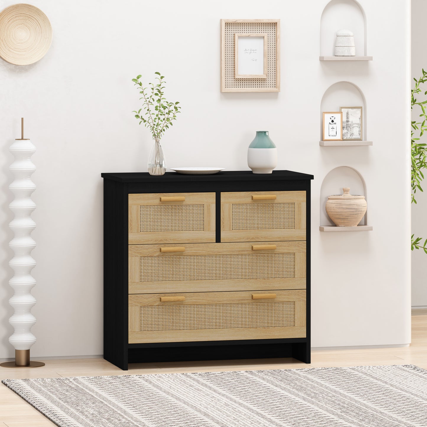 4 Drawer Rattan Storage Cabinet for Bedroom Living Room Dining Room Hallways Easy Assembly Black