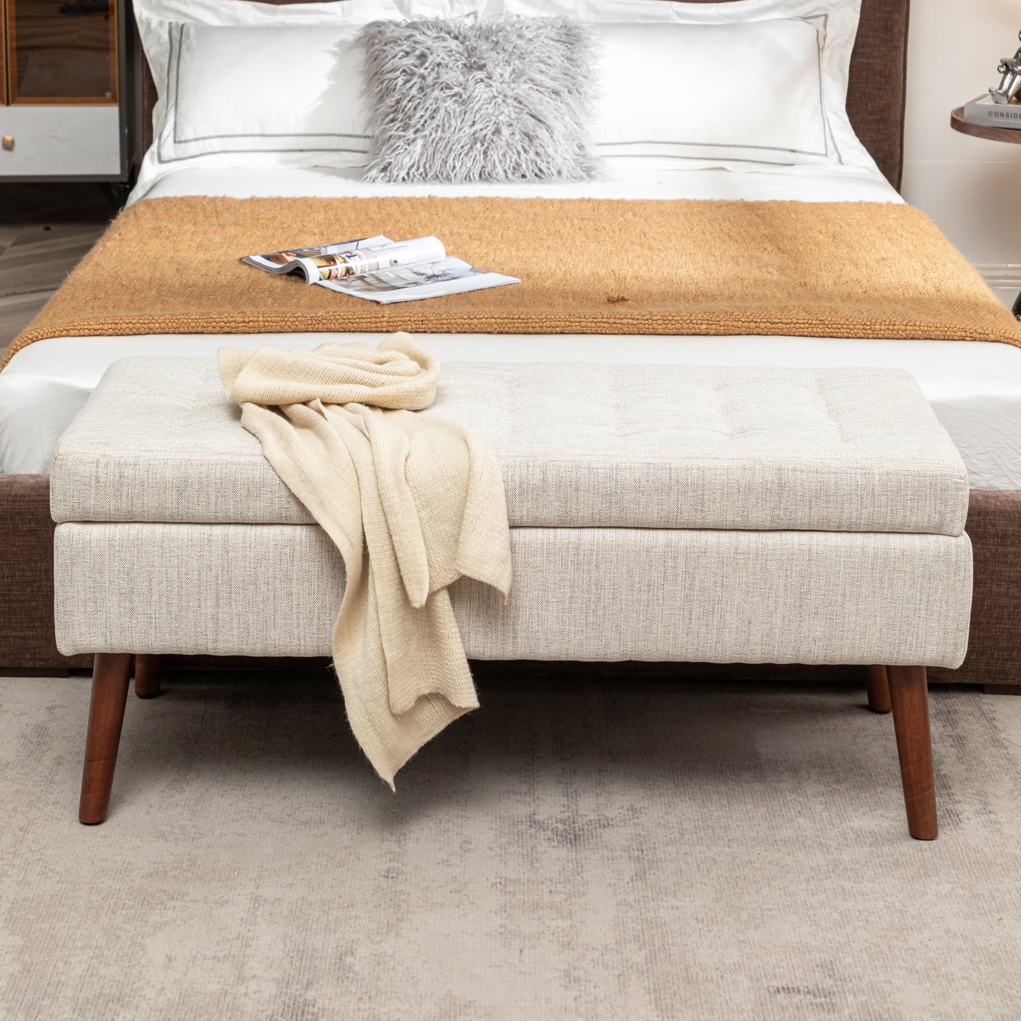 Off White Storage Bench for Bedroom or Entryway 43.7 Inch Ottoman Foot of Bed Seating Solution