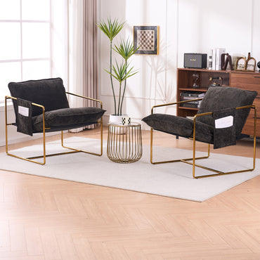 Dual Armchair Set in One Box Upholstered Hanging Chairs with Arm Pockets Metal Frame Dark Gray Crushed Foam Cushions for Living Room Bedroom