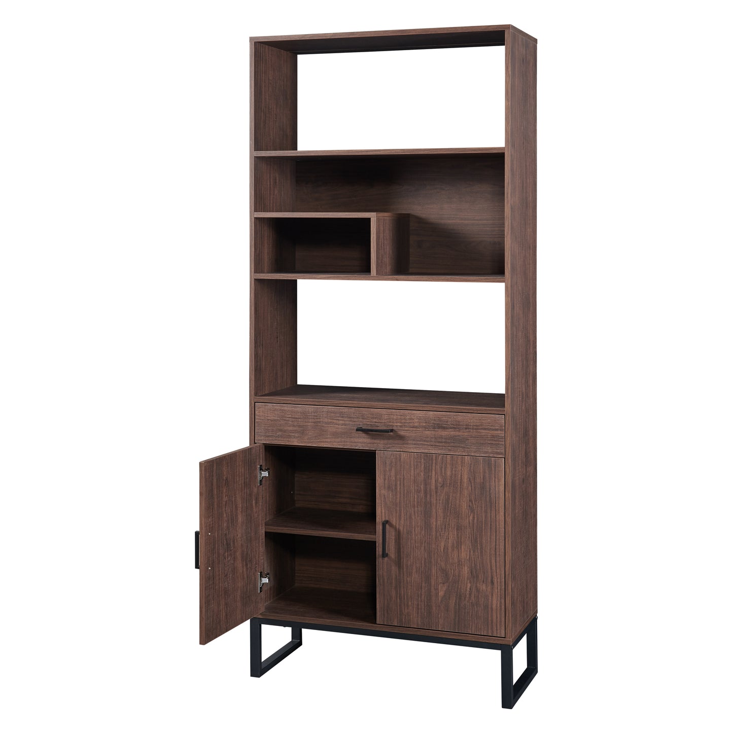 Tall Walnut Finish Open Bookshelf with LED Lights and Storage Drawer for Living Room and Office