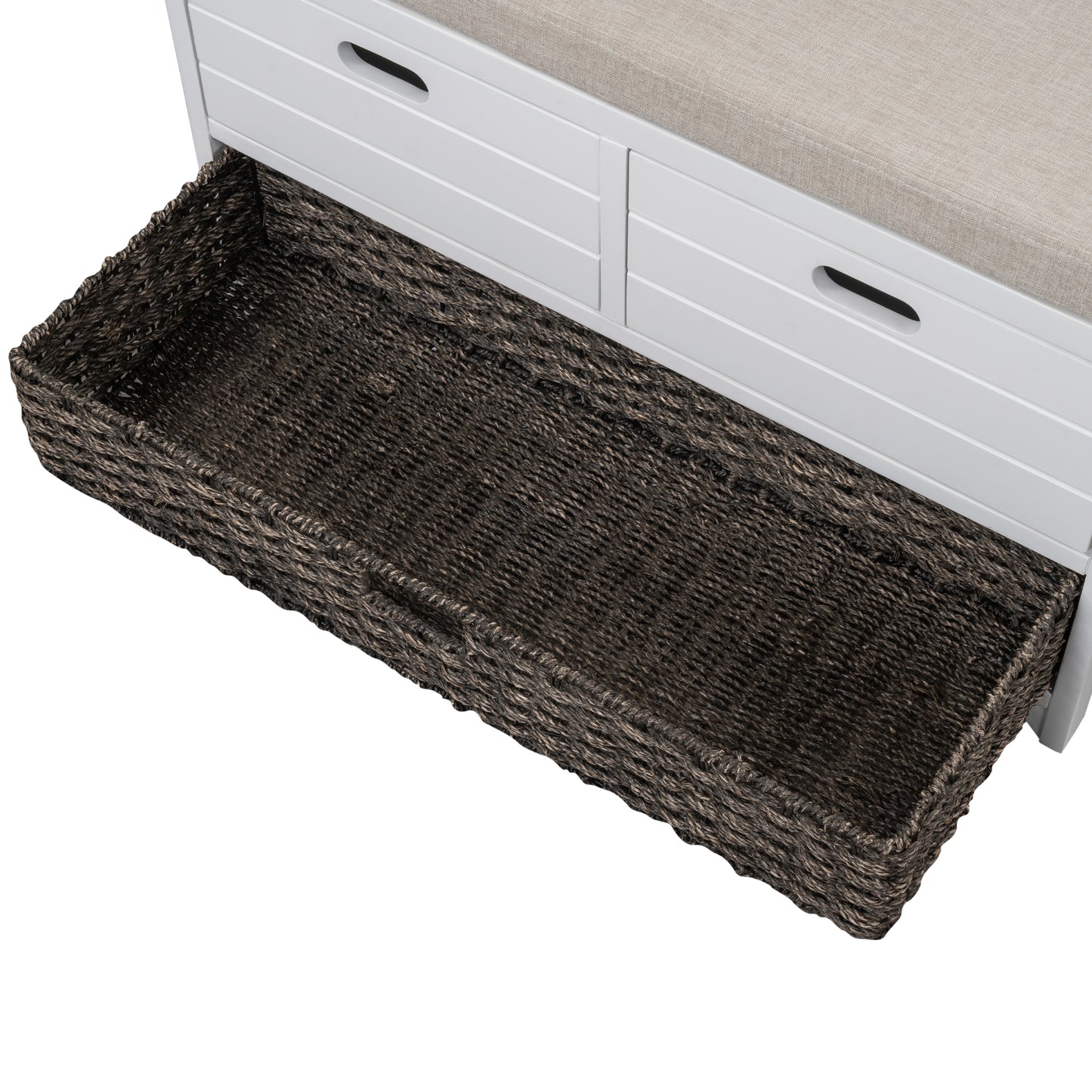 Storage Bench with Removable Cushion and 2 Drawers, Fully Assembled Shoe Organizer with Removable Basket, White