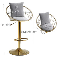 Grey Velvet Bar Chairs Set of 2 Gold Plated Unique Design 360 Degree Rotation Adjustable Height Dining Room and Bar