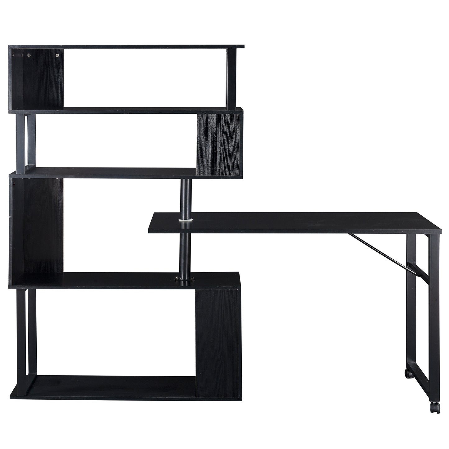 L-Shaped Corner Computer Desk with Rotating Table and 5-Tier Bookshelf, Lockable Casters, Four Installation Methods, Black