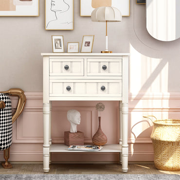 Slim Ivory White Console Table with 3 Storage Drawers and Bottom Shelf for Entryway or Living Room