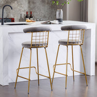 Luxury Velvet High Bar Stool Set of 2 with Metal Legs Soft Back Armless Modern Kitchen Dining Chairs Grey