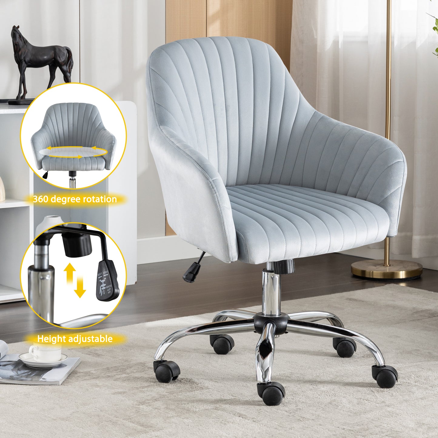 Modern Adjustable Velvet Accent Chair for Home Office Leisure Dark Grey with Height and Casters