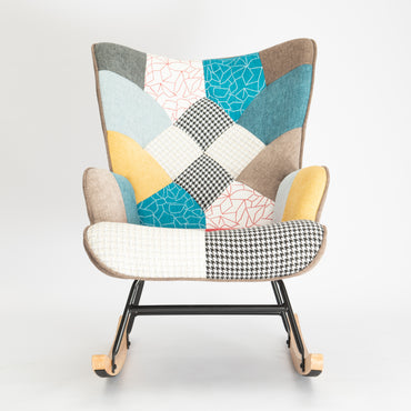 Mid Century Modern Fabric Rocking Chair With Wood Legs And Patchwork Linen For Living Room And Bedroom