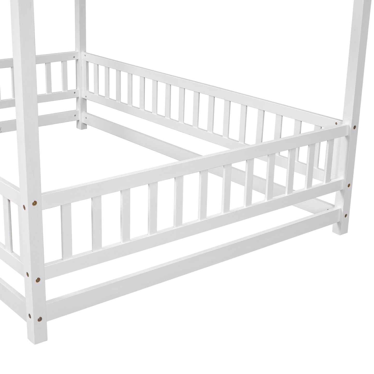 Wooden Full Size Bed With House Roof Frame And Fence Guardrails In Grey