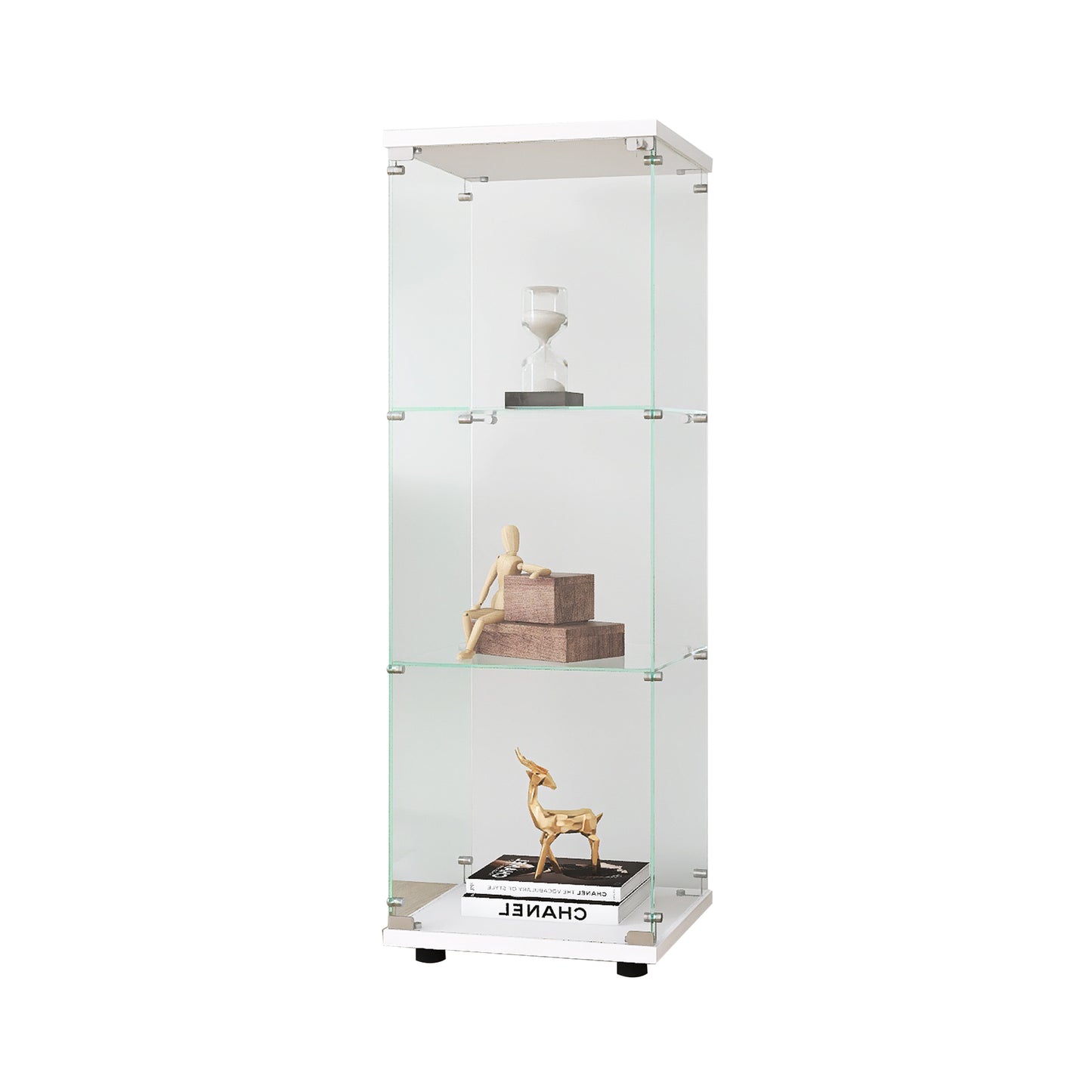 Glass Display Cabinet with 3 Shelves One-Door Curio Cabinet for Living Room Bedroom Office White Floor Standing Bookshelf Quick Installation