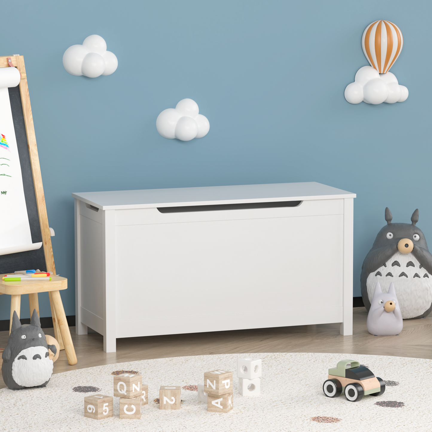 Kids Wooden Toy Box Storage with Safety Hinged Lid for Ages 2 and Up White