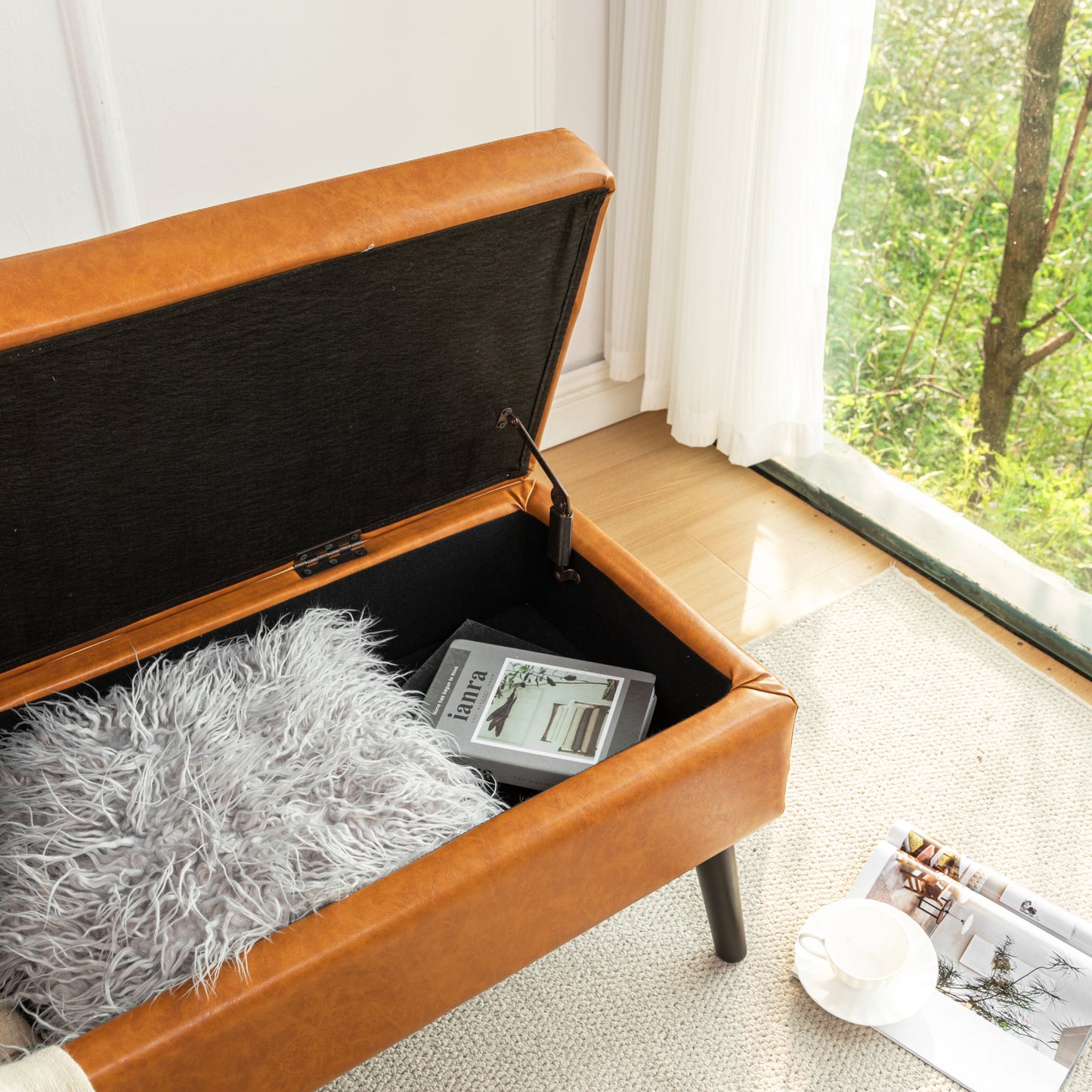 Brown Leather Storage Bench for Bedroom Entryway 43.3" Stylish Ottoman at Foot of Bed