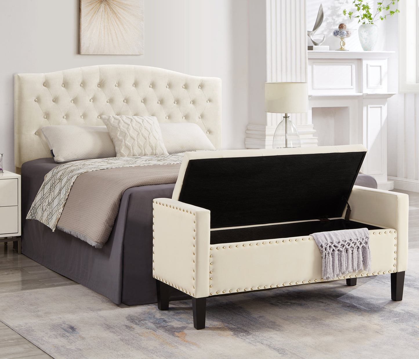 Upholstered Tufted Button Storage Bench with Nail Trim Soft Padded Seat Armrest Entryway Living Room Cream Bed Bench