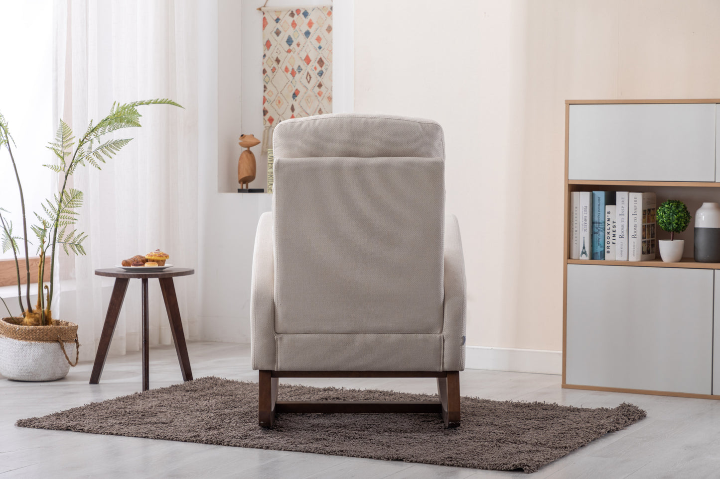 Modern Glider Recliner Armchair with Wood Legs and Side Pocket for Nursery Living Room Bedroom Beige Linen