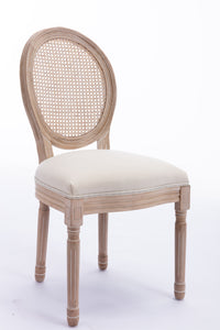 French Style Solid Wood Frame Antique Painting Linen Fabric Rattan Back Dining Chair,Set of 2,Cream