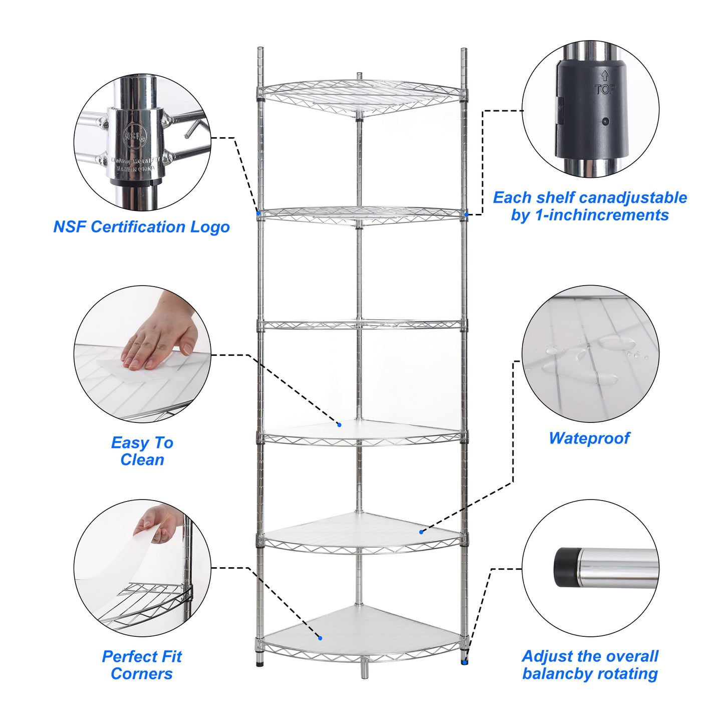 6 Tier Corner Wire Shelf Rack Adjustable Heavy Duty Free Standing Storage Display Chrome for Bathroom Kitchen Living Room