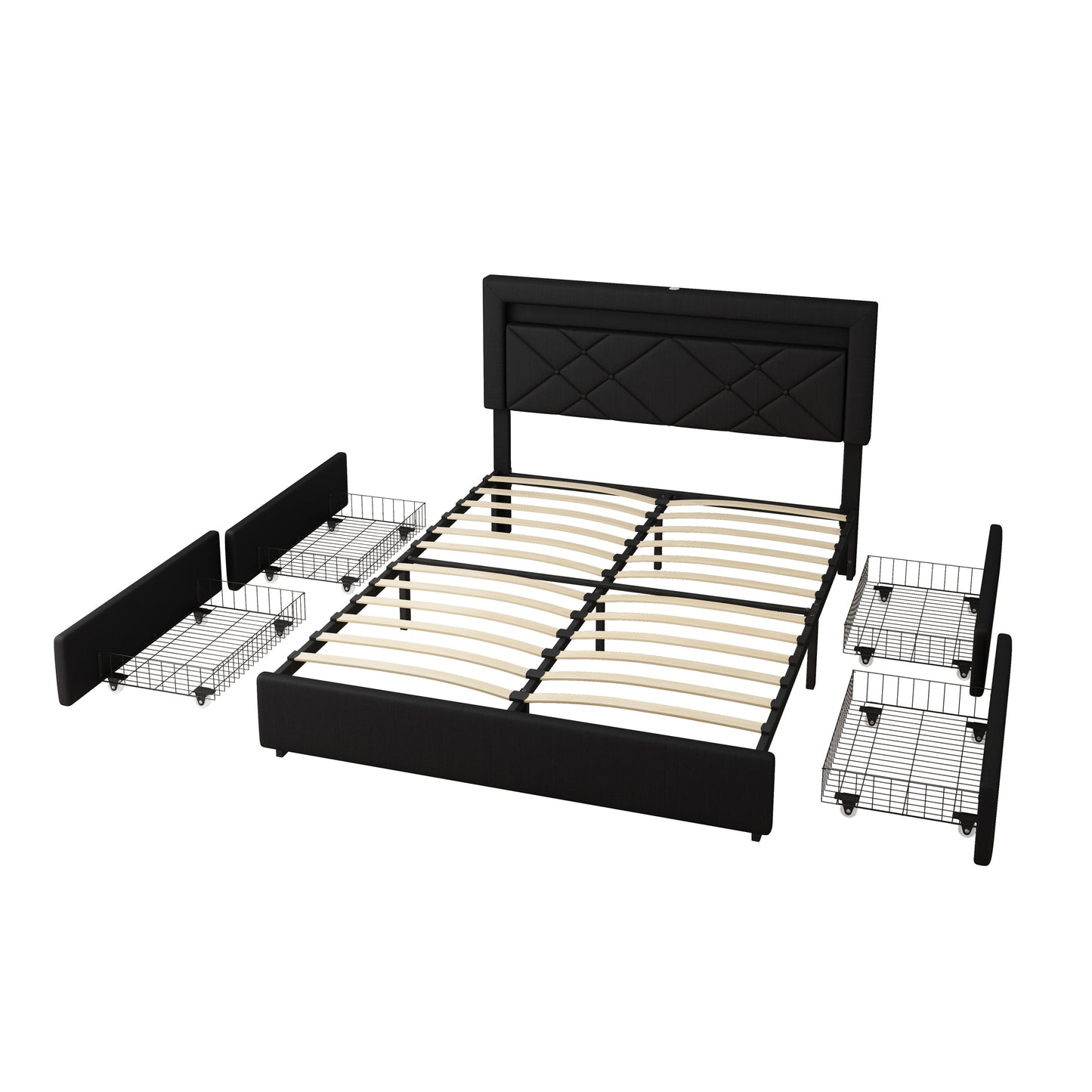 Black Queen Size Bed Frame with LED Lights USB Charging Station and Storage Drawers