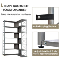 L-Shaped 7-Tier Corner Bookcase Industrial Style Metal Frame Open Storage Shelf MDF Board Home Office Furniture