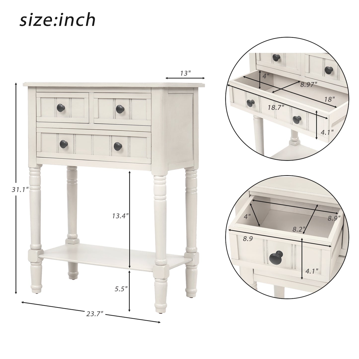 Slim Ivory White Console Table with 3 Storage Drawers and Bottom Shelf for Entryway or Living Room