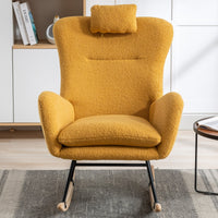 35.5 inch Rocking Chair with Pocket, Soft Teddy Fabric Rocking Chair for Nursery, Comfy Wingback Glider Rocker with Safe Solid Wood Base for Living Room Bedroom Balcony (TURMERIC)