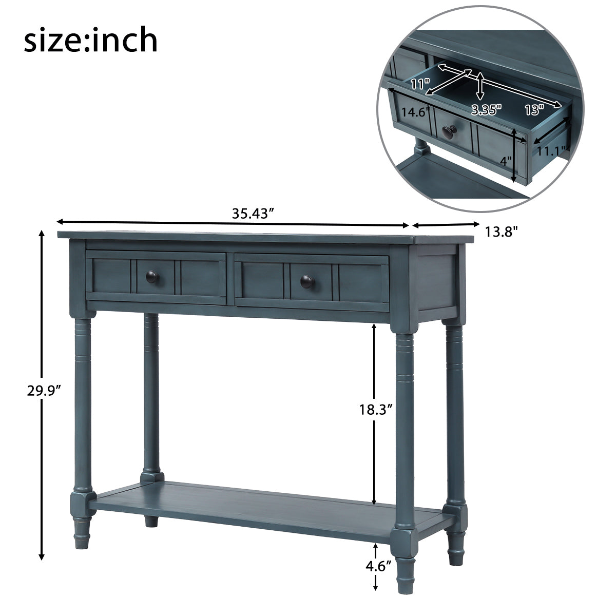 Traditional Console Table with Two Drawers and Bottom Shelf in Navy Finish