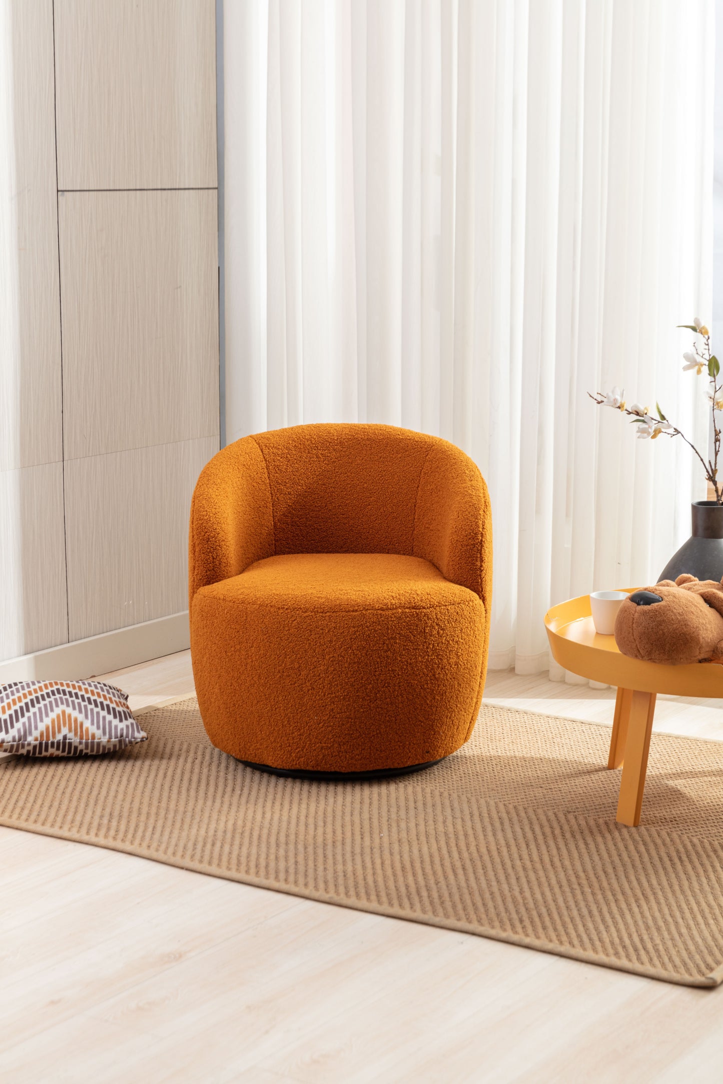 Teddy Fabric Swivel Accent Armchair Barrel Chair with Black Metal Ring Caramel Color