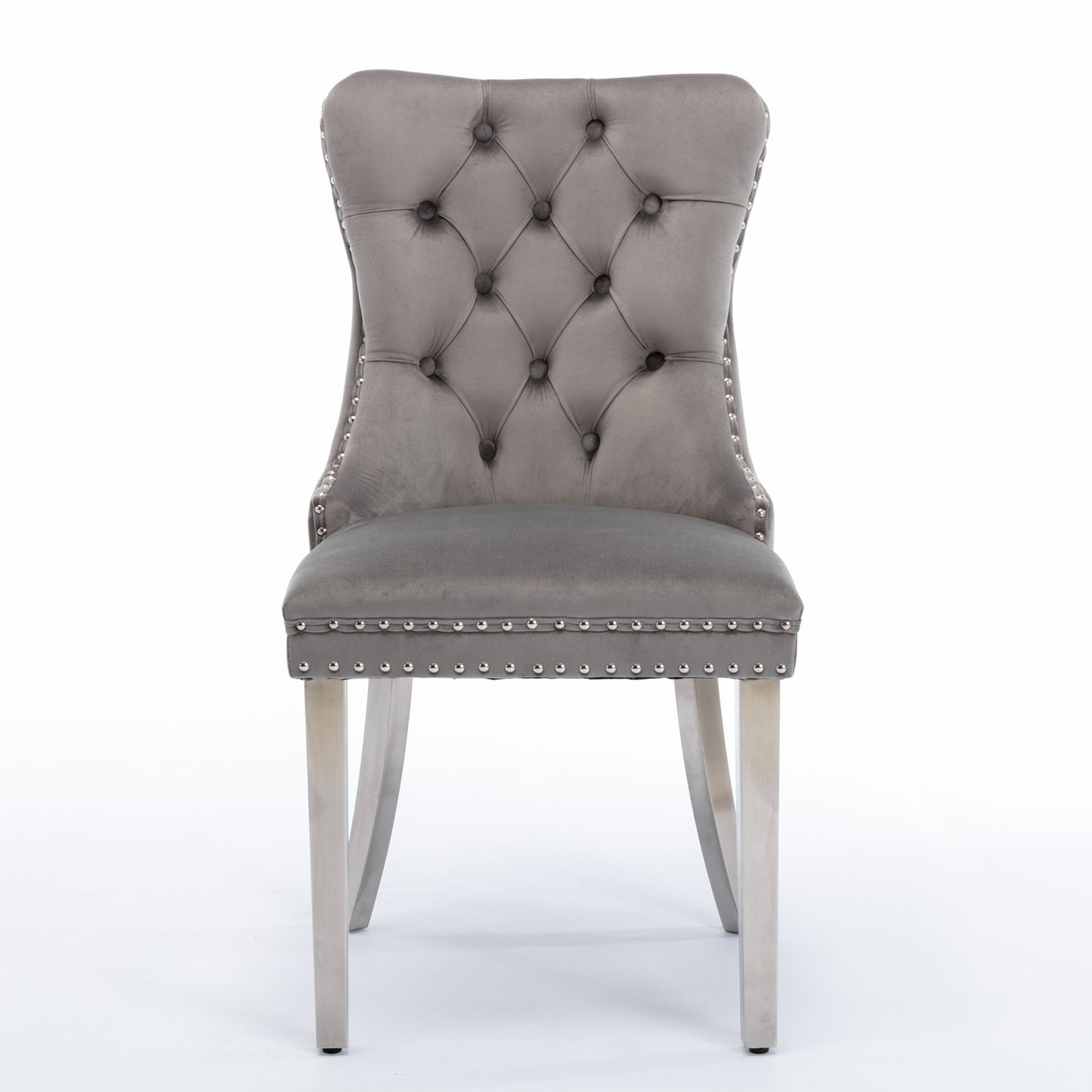 Modern High-end Tufted Solid Wood Velvet Upholstered Dining Chair with Chrome Legs and Nailhead Trim Set of 2 Gray