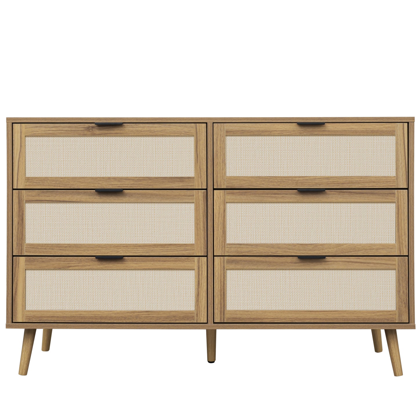 Modern 6 Drawer Wood Dresser Cabinet in Walnut Finish for Bedroom Storage