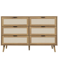 Modern 6 Drawer Wood Dresser Cabinet in Walnut Finish for Bedroom Storage