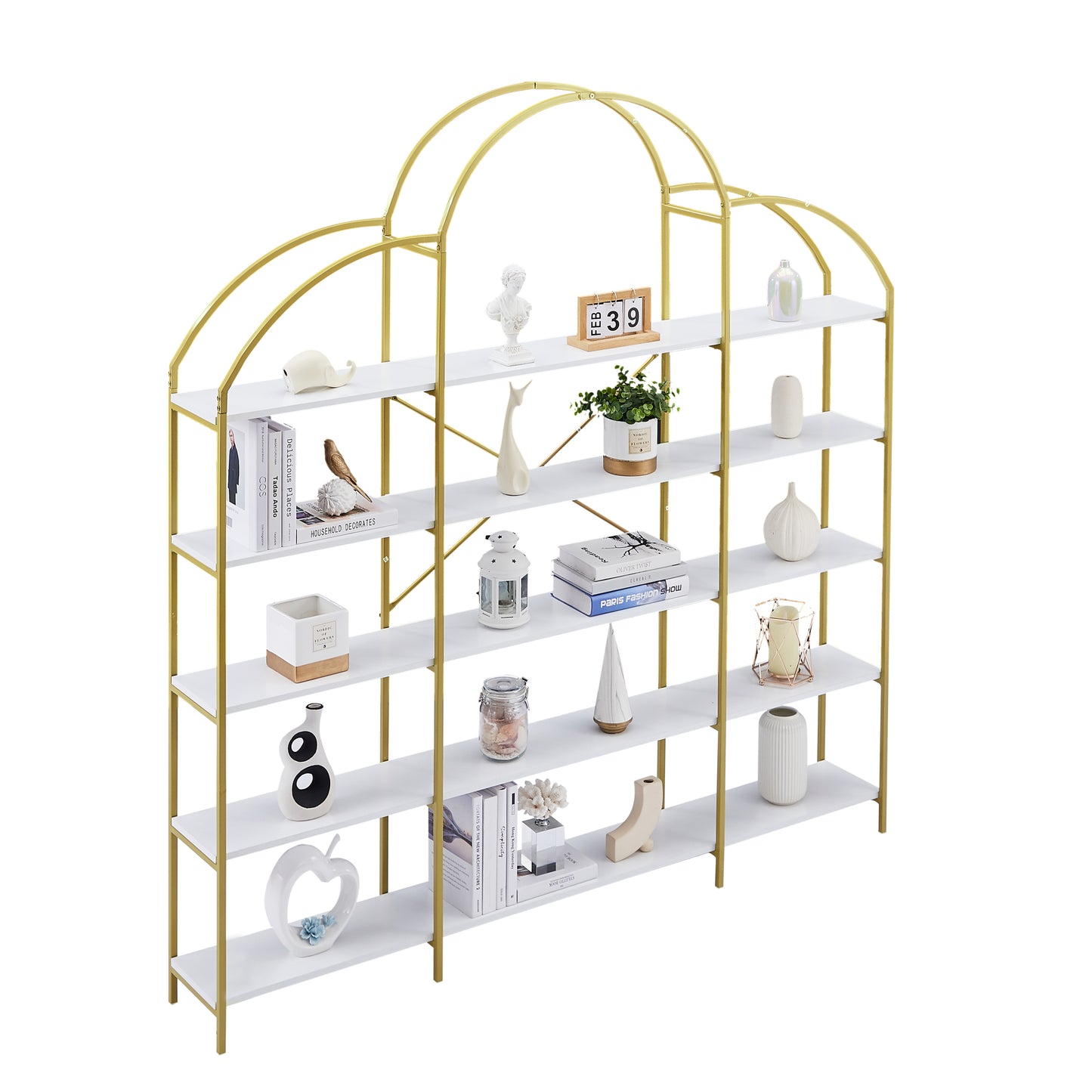 74.8 Inch 5 Tier Office Bookcase Bookshelf Display Shelf Round Top X Bar Gold Frame Modern Home Decor