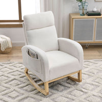 Modern Accent High Backrest Lounge Arm Rocking Chair with Two Side Pockets Teddy White Ivory