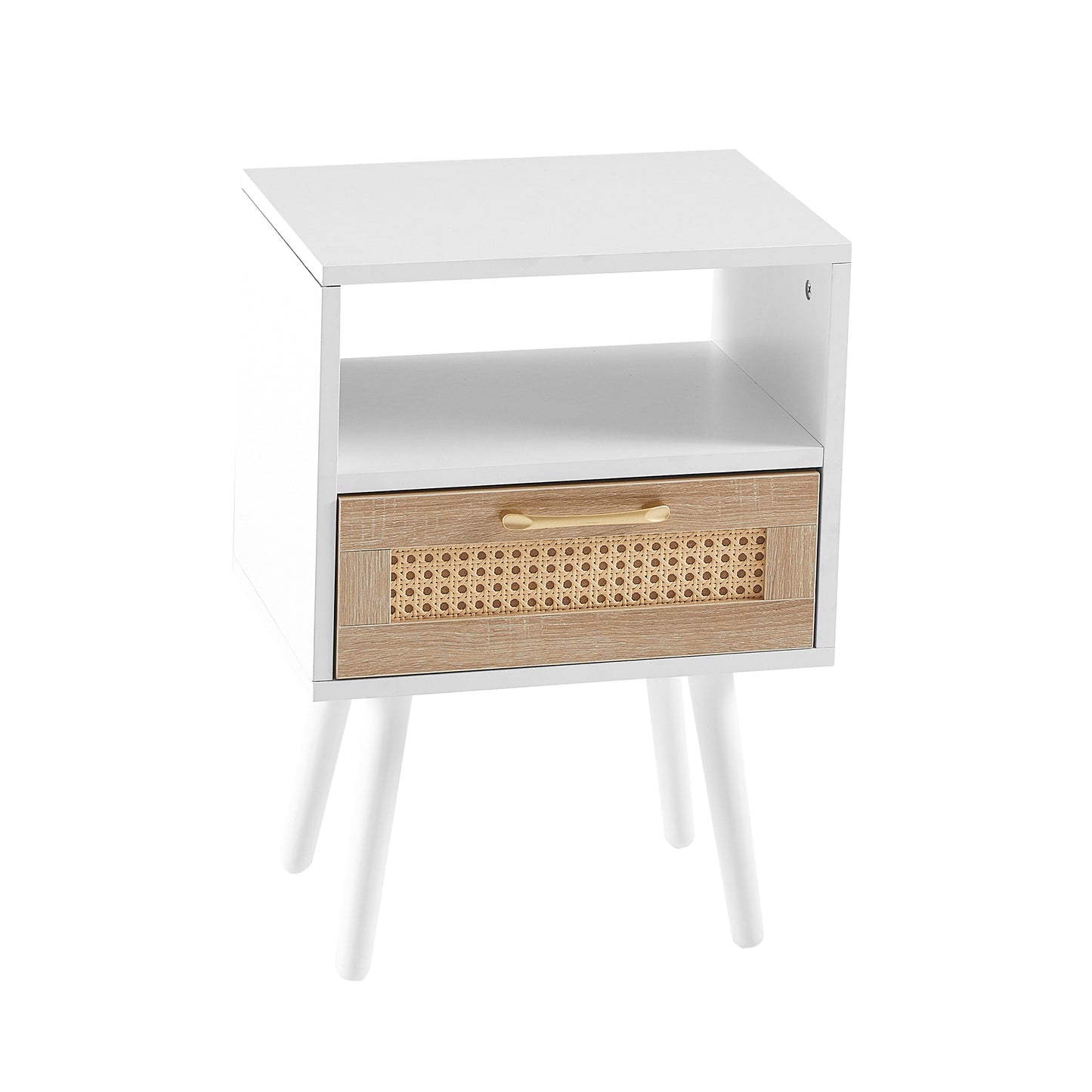 15.75 Inch Rattan End Table with Drawer Solid Wood Legs Modern Nightstand Side Table for Living Room Bedroom White