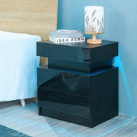 Modern Black LED Nightstand with Glossy Drawers Bedside Table for Bedroom Storage