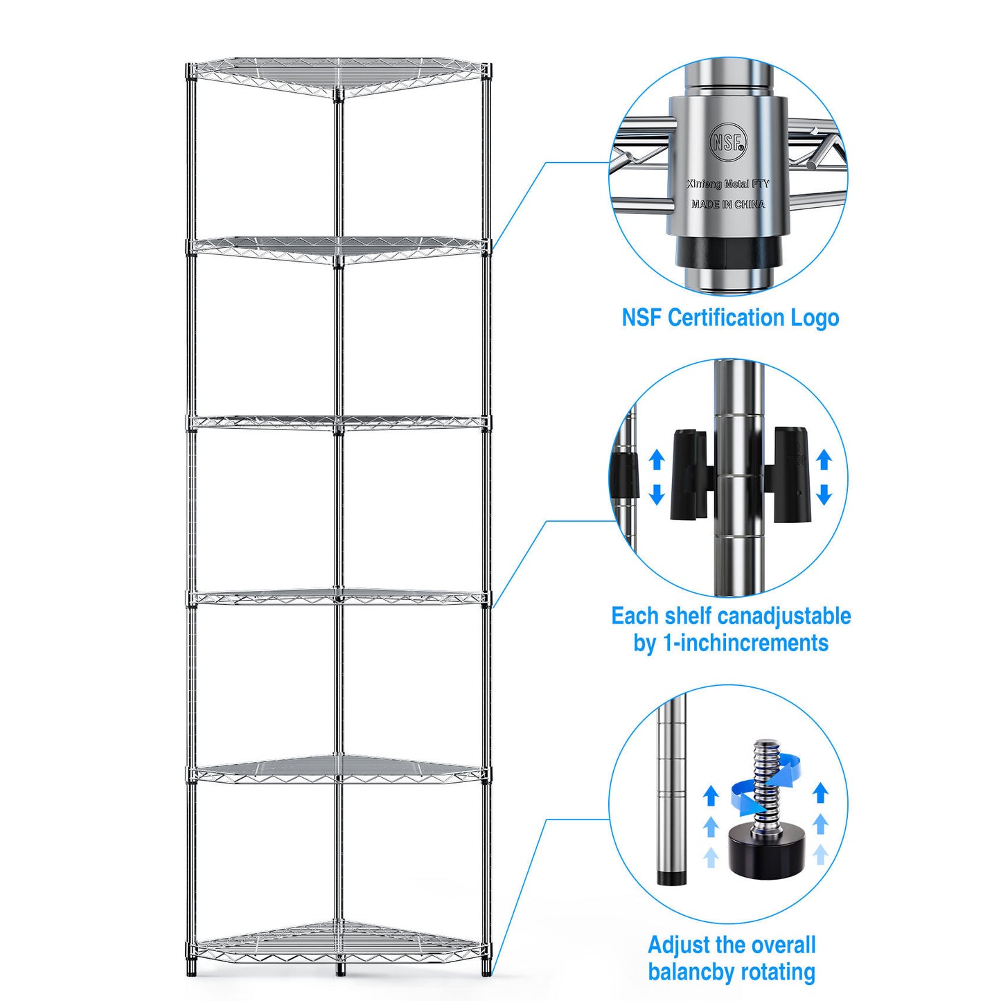 6 Tier Corner Wire Shelf Rack Adjustable Metal Heavy Duty Free Standing Storage Display for Bathroom Living Room Kitchen Chrome