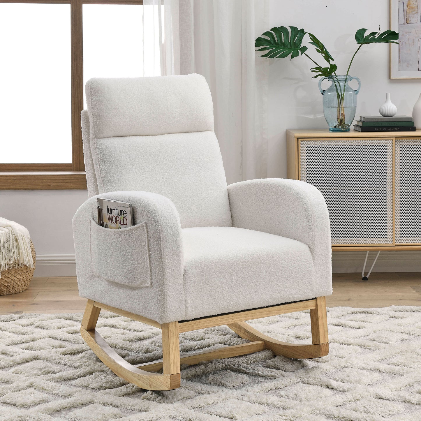 Modern Accent High Backrest Lounge Arm Rocking Chair with Two Side Pockets Teddy White Ivory