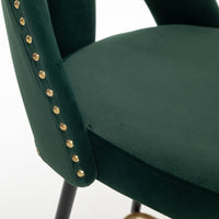 Modern Velvet Upholstered Bar Stool Set of 2 with Nailheads and Gold Tipped Black Metal Legs Green