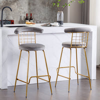 Luxury Velvet High Bar Stool Set of 2 with Metal Legs Soft Back Armless Modern Kitchen Dining Chairs Grey