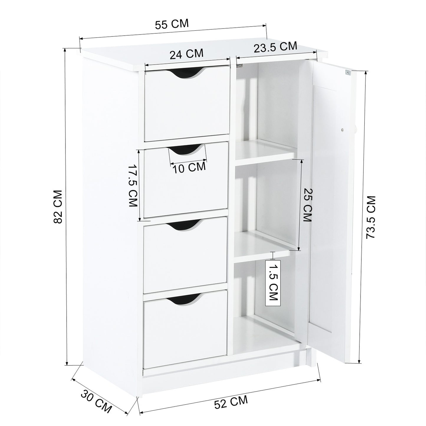 Pure White Wood Floor Storage Organizer Cabinet with 4 Drawers and 1 Door Cabinet 3 Shelves for Home and Office Use