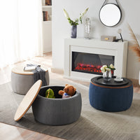 Round Storage Ottoman 2 in 1 End Table and Ottoman Navy 25.5x25.5x14.5 Ideal for Living Room or Bedroom