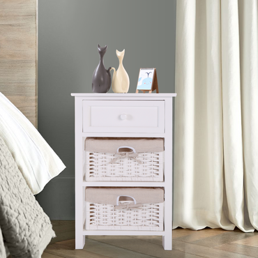 One Drawer Nightstand with Two Removable Baskets Modern Bedside Table Storage Solution White Indoor Tall Legs