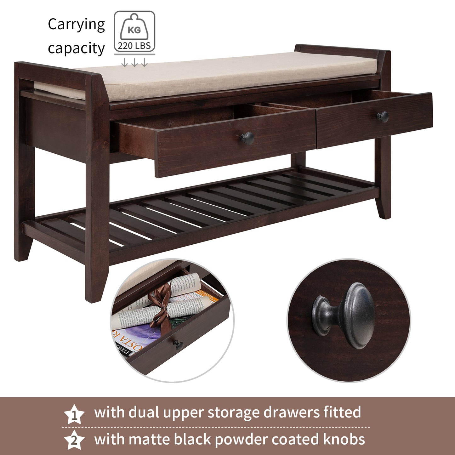 Multipurpose Entryway Storage Bench with Cushioned Seat and Drawers Espresso Shoe Rack for Home Organization