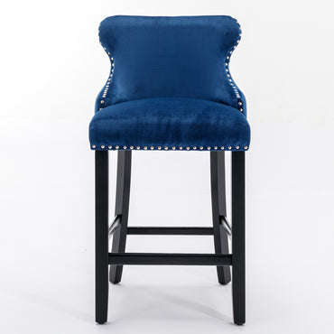 Contemporary Blue Velvet Wing-Back Barstools with Tufted Design and Wooden Legs Set of 2