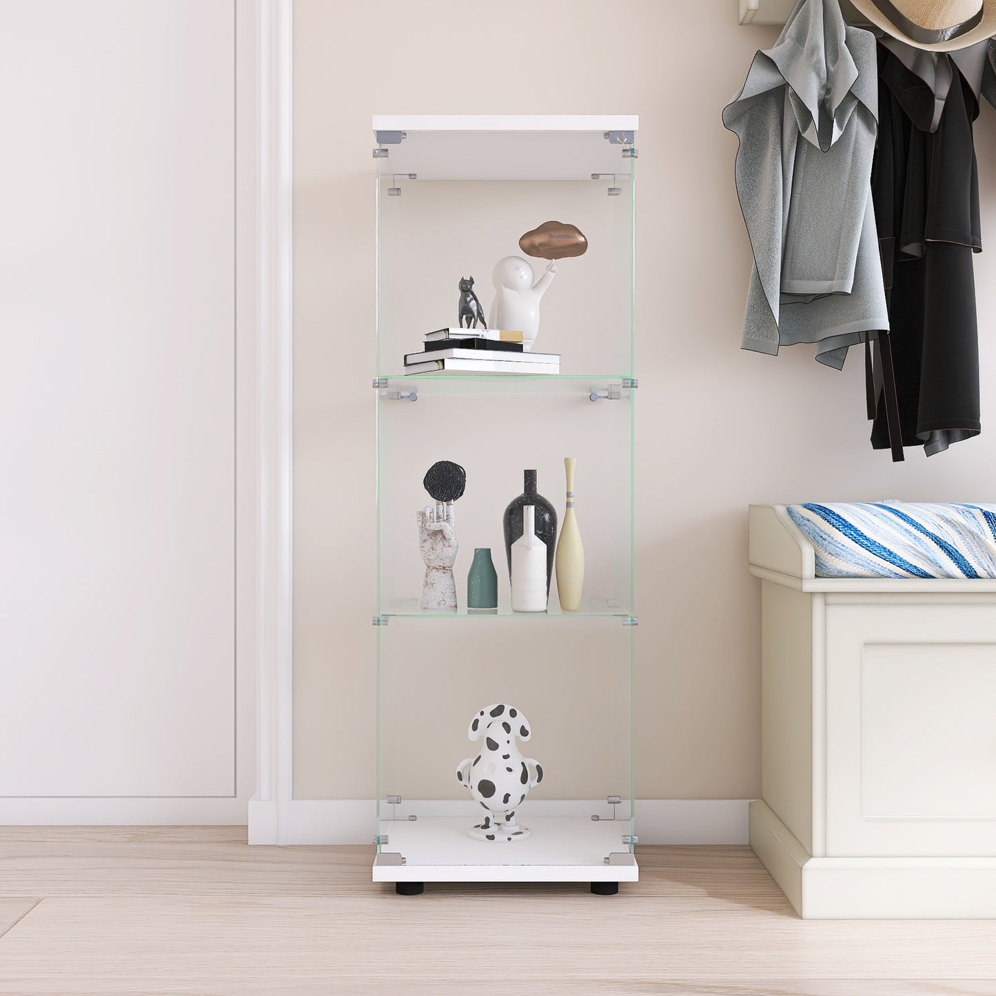 Glass Display Cabinet with 3 Shelves One-Door Curio Cabinet for Living Room Bedroom Office White Floor Standing Bookshelf Quick Installation