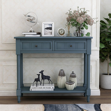 Traditional Console Table with Two Drawers and Bottom Shelf in Navy Finish