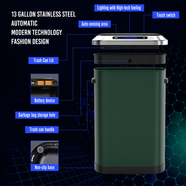 50L Smart Automatic Trash Can with Intelligent Sensor Touchless Operation Green Color