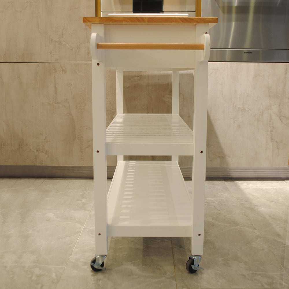 Mobile Kitchen Island with Rubber Wood Top, Lockable Wheels, Simple Design, Two Drawers for Utensil Storage, Easy to Move and Store