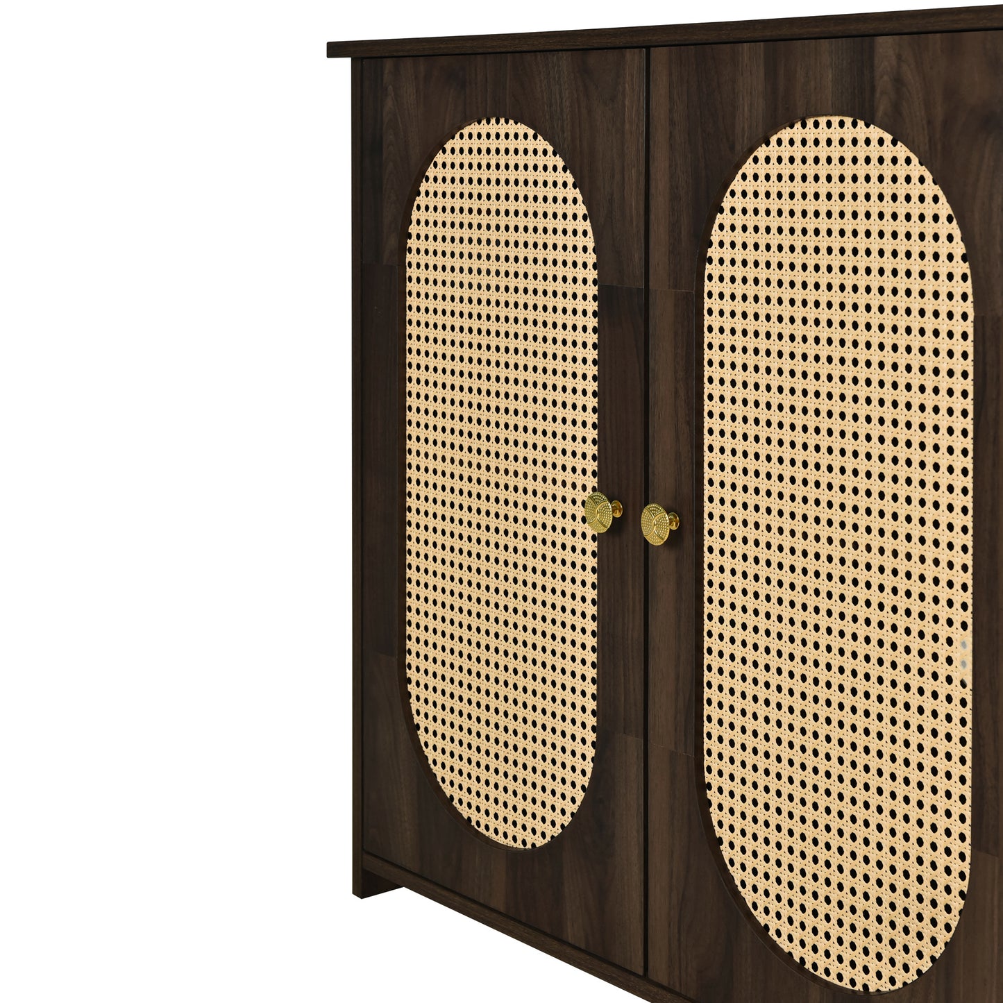 Retro 3-Door Accent Cabinet with Rattan Doors and Metal Handles for Living Room and Hallway Storage Brown